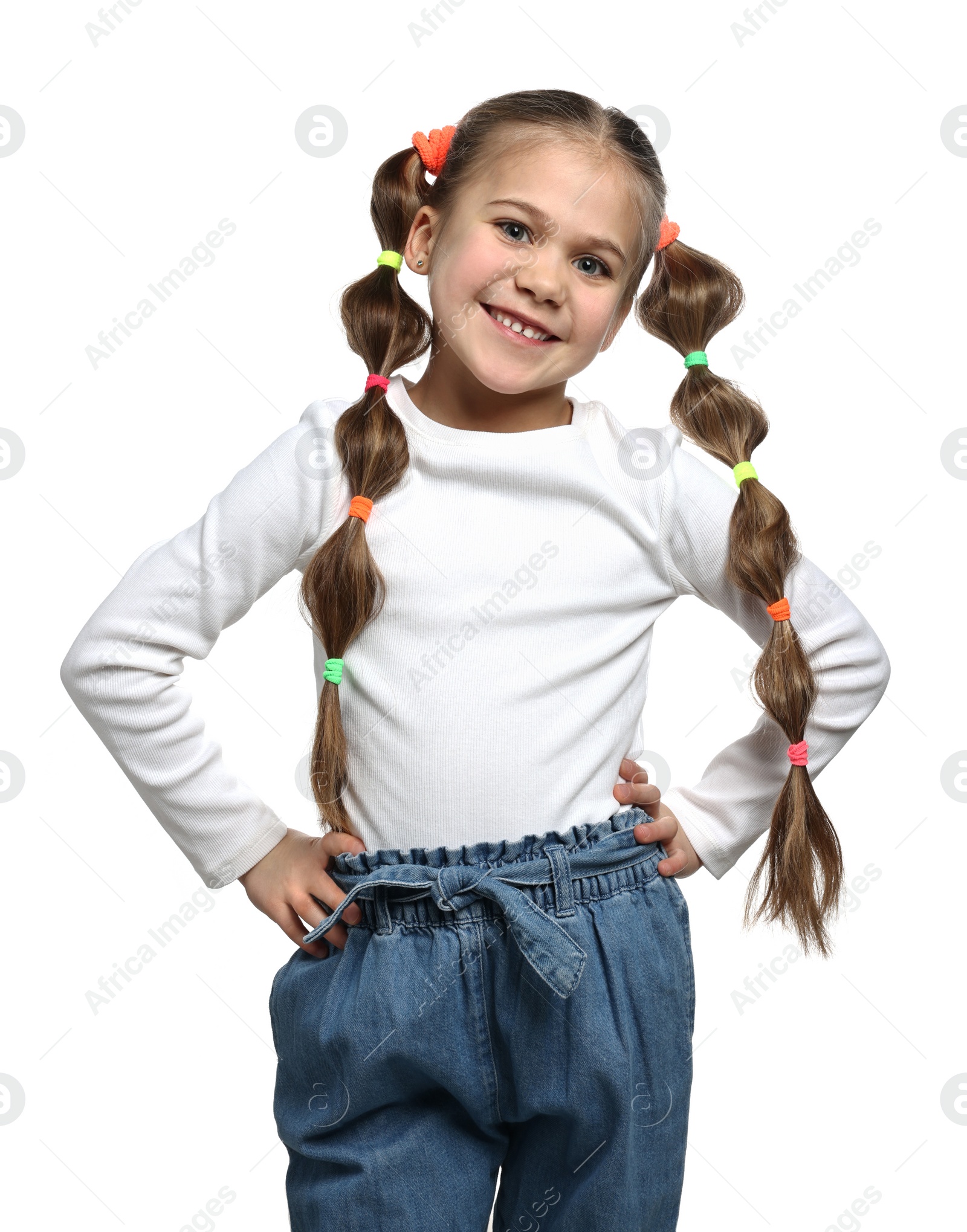 Photo of Cute little girl with beautiful hairstyle on white background