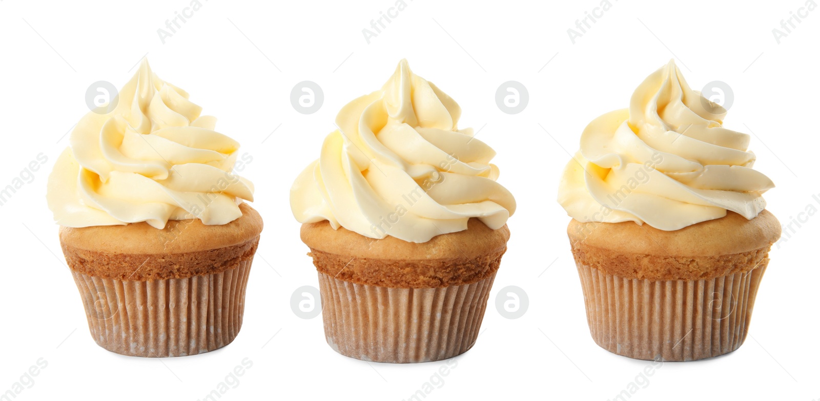 Photo of Delicious birthday cupcakes decorated with cream on white background