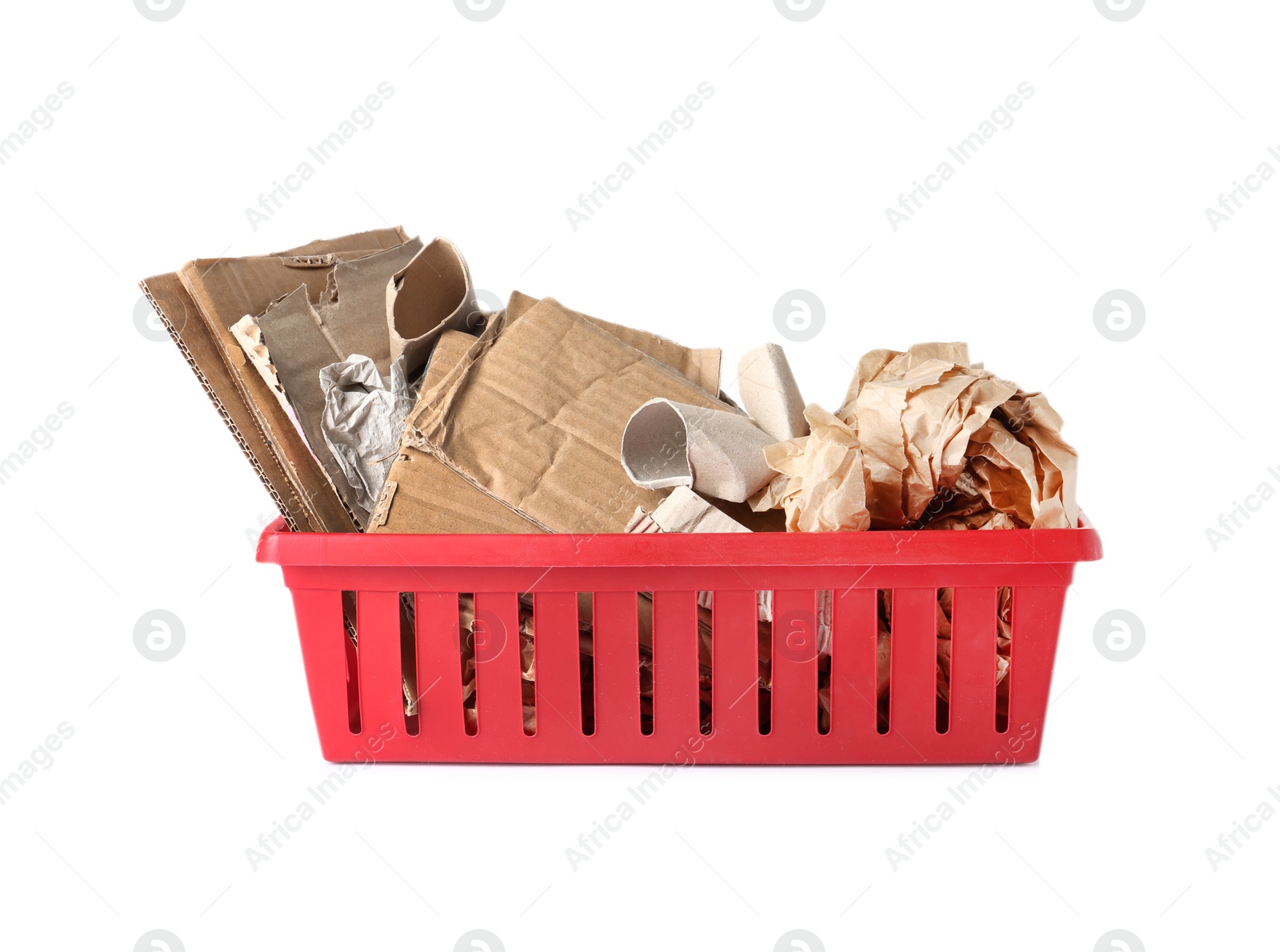 Photo of Crate with carton and paper garbage on white background. Trash recycling