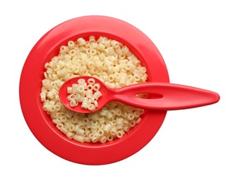 Photo of Red bowl and spoon with tasty pasta on white background, top view
