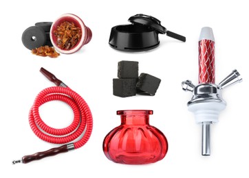 Modern hookah kit on white background, collage