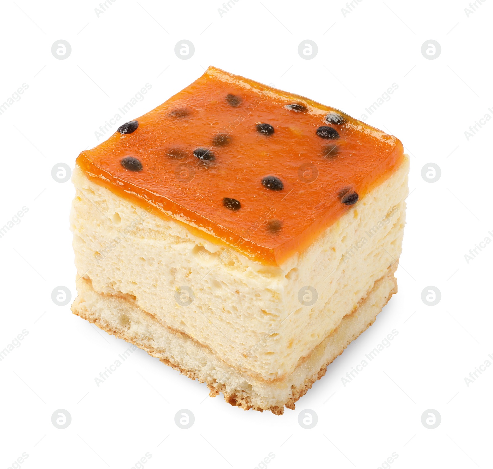 Photo of Piece of cheesecake with jelly on white background