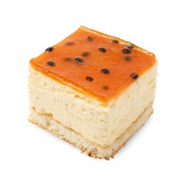 Photo of Piece of cheesecake with jelly on white background