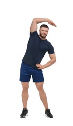 Photo of Man doing stretching on white background. Morning exercise
