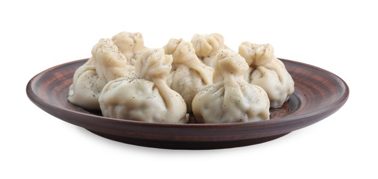 Photo of Plate with tasty fresh khinkali (dumplings) and spices isolated on white. Georgian cuisine