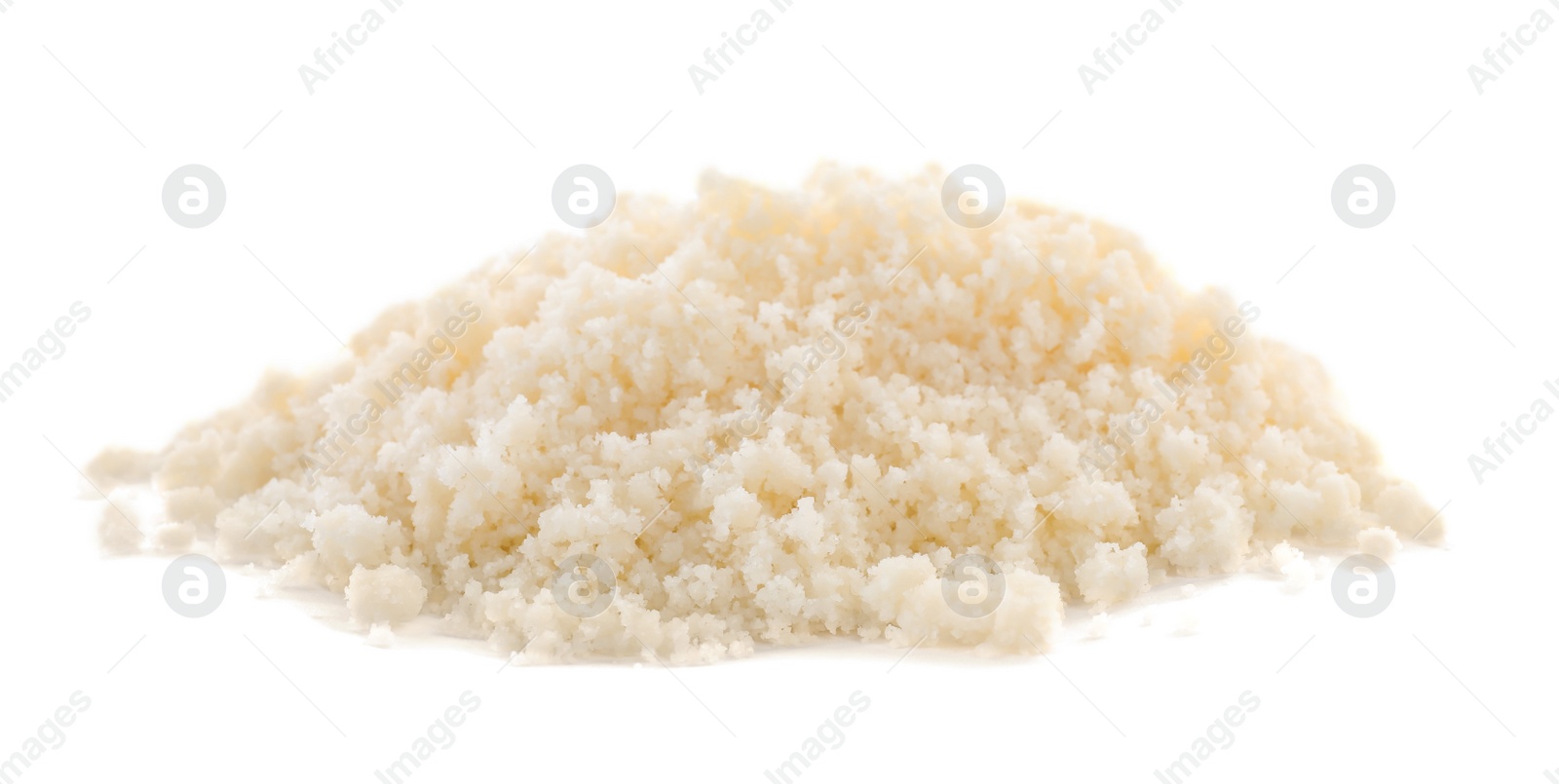 Photo of Pile of grated parmesan cheese isolated on white