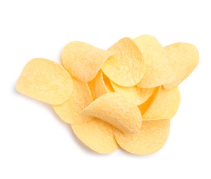 Photo of Tasty crispy potato chips on white background