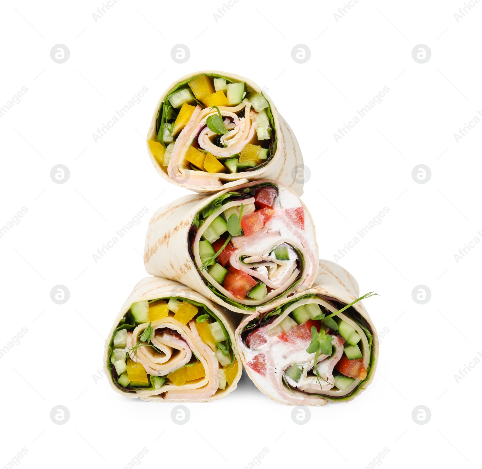 Photo of Delicious sandwich wraps with fresh vegetables isolated on white