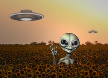 Image of Alien in sunflower field and spaceships in air. UFO, extraterrestrial visitors