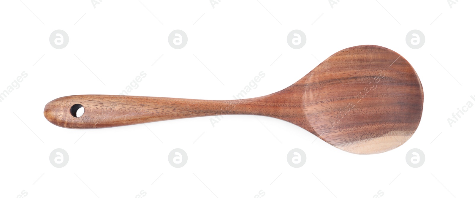 Photo of Wooden spoon isolated on white, top view