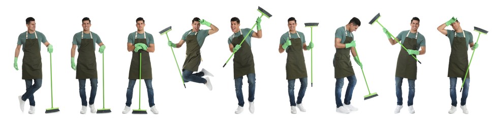 Image of Collage with photos of handsome man with broom on white background. Banner design