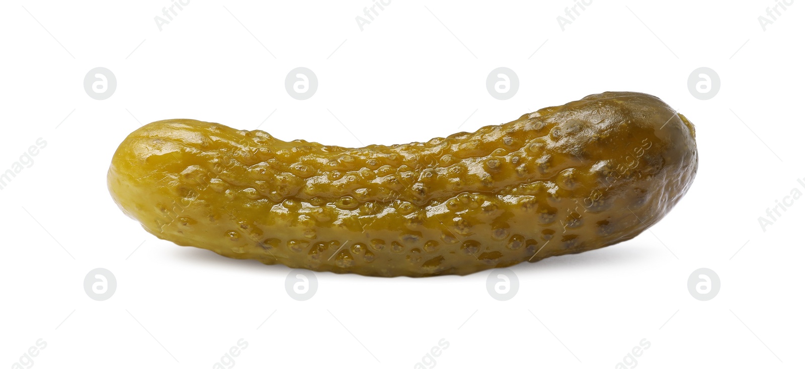 Photo of One tasty pickled cucumber isolated on white