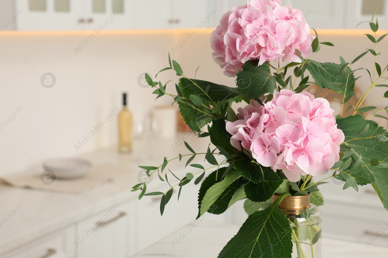 Photo of Beautiful pink hortensia flowers in vase indoors, closeup. Space for text