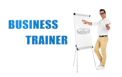 Image of Professional business trainer giving presentation on white background