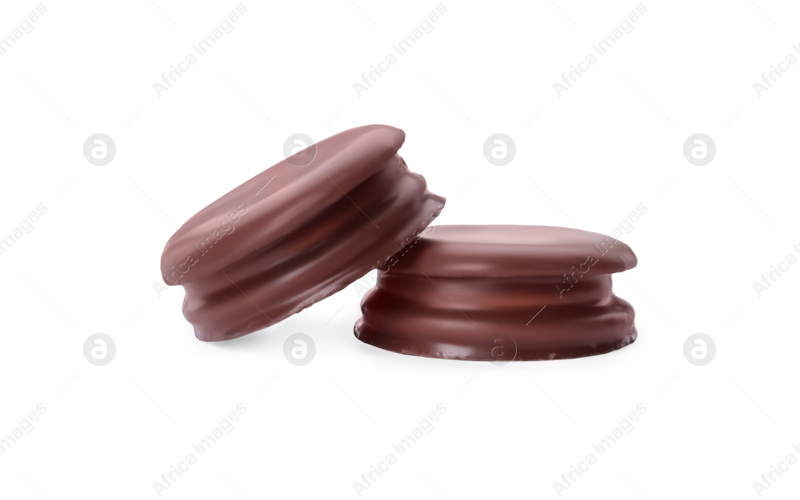 Photo of Delicious choco pies on white background. Classic snack cakes