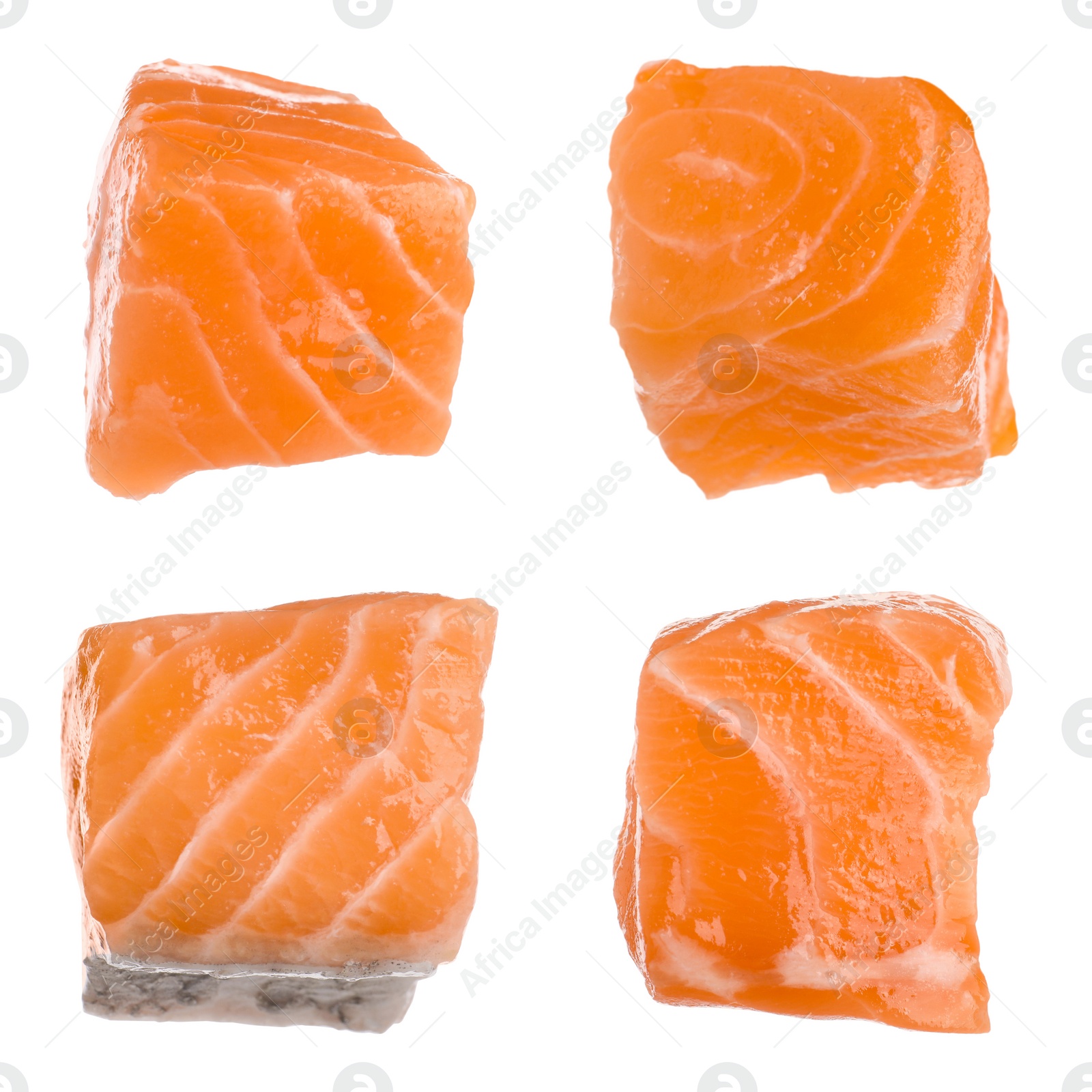 Image of Set with pieces of fresh raw salmon on white background. Fish delicacy