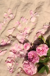 Photo of Beautiful tea roses and petals on beige fabric, above view