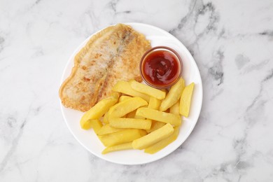 Photo of Delicious fish and chips with ketchup on light marble table, top view