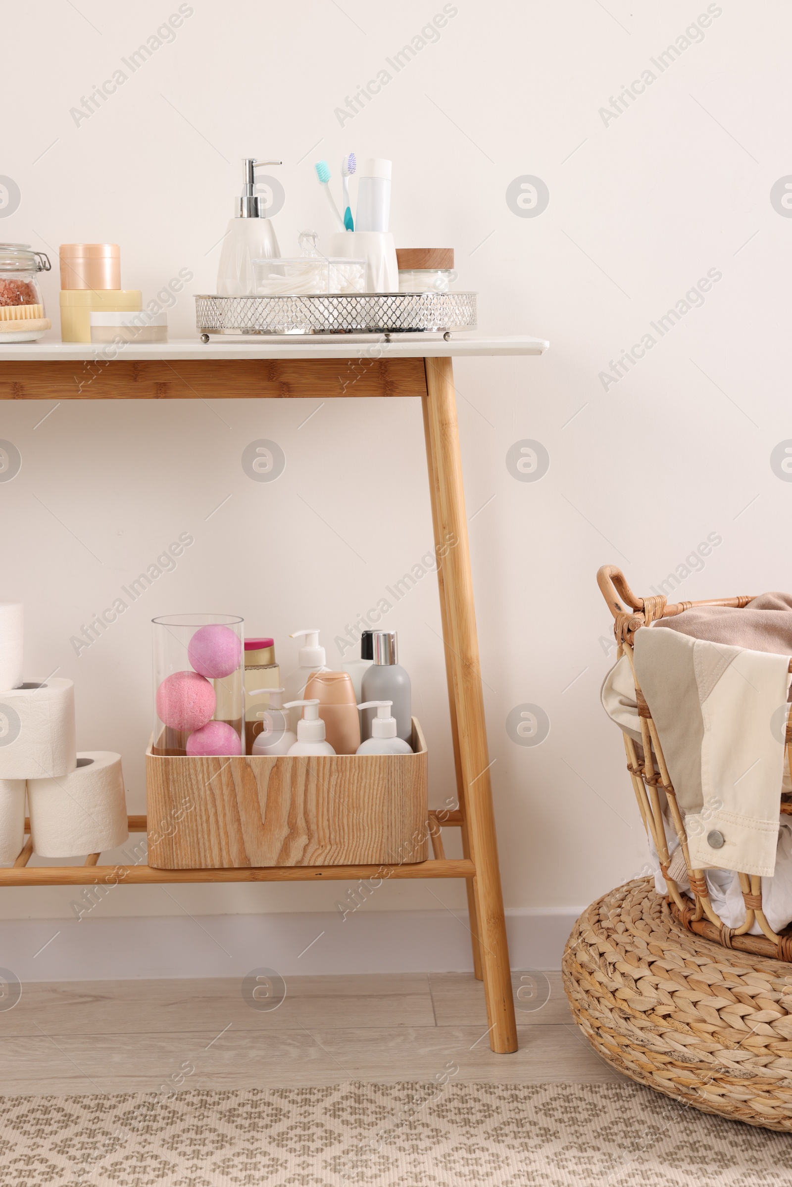 Photo of Different bath accessories and personal care products indoors