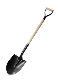 Photo of One new shovel with wooden handle isolated on white. Gardening tool