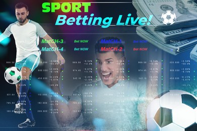 Image of Sports betting. Multiple exposure with football player, money, soccer ball, website page and emotional man