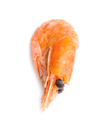 Photo of Raw shrimp covered with ice on white background