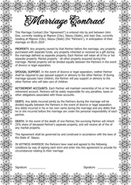 Image of Marriage contract. Text of agreement on white background