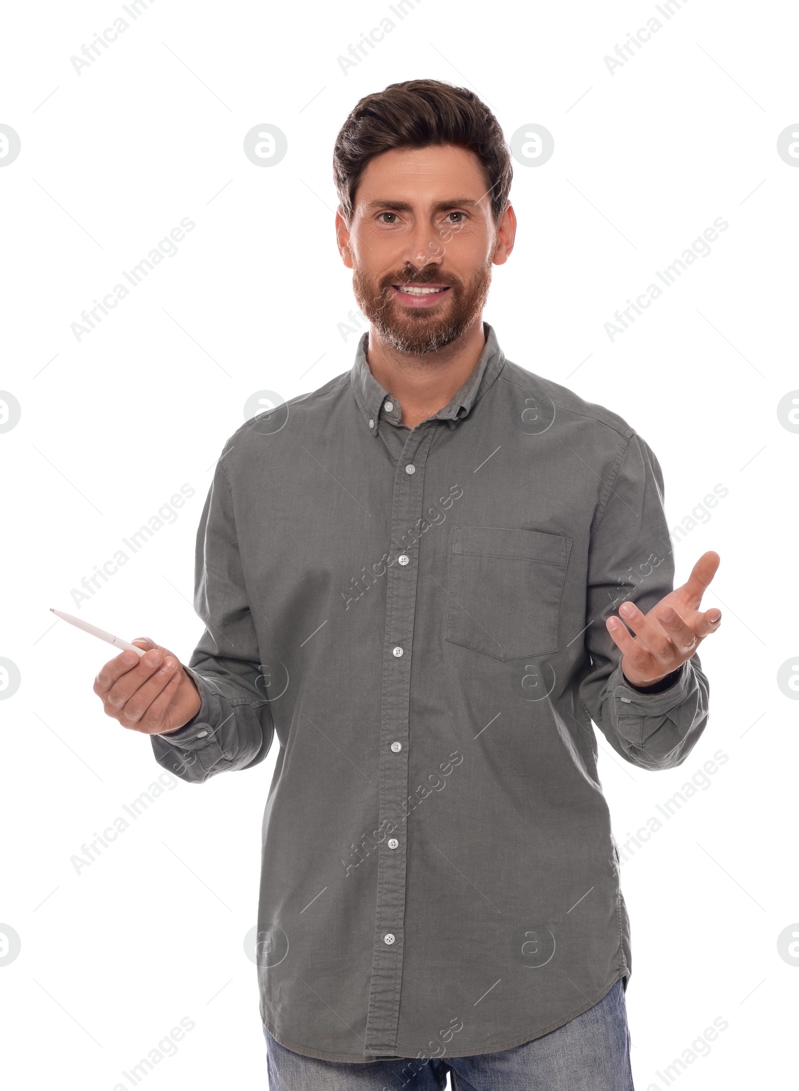 Photo of Handsome man gesturing on white background. Weather forecast reporter