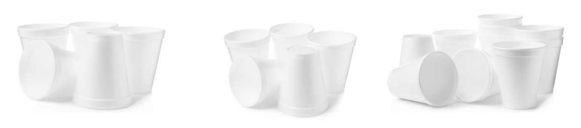 Image of Set with styrofoam cups on white background. Banner design