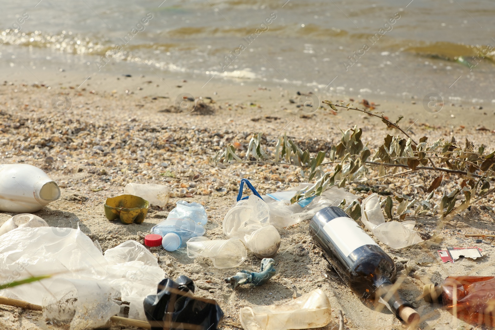 Photo of Garbage scattered on beach. Environment pollution problem