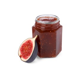 Glass jar with tasty sweet jam and half of fresh fig isolated on white