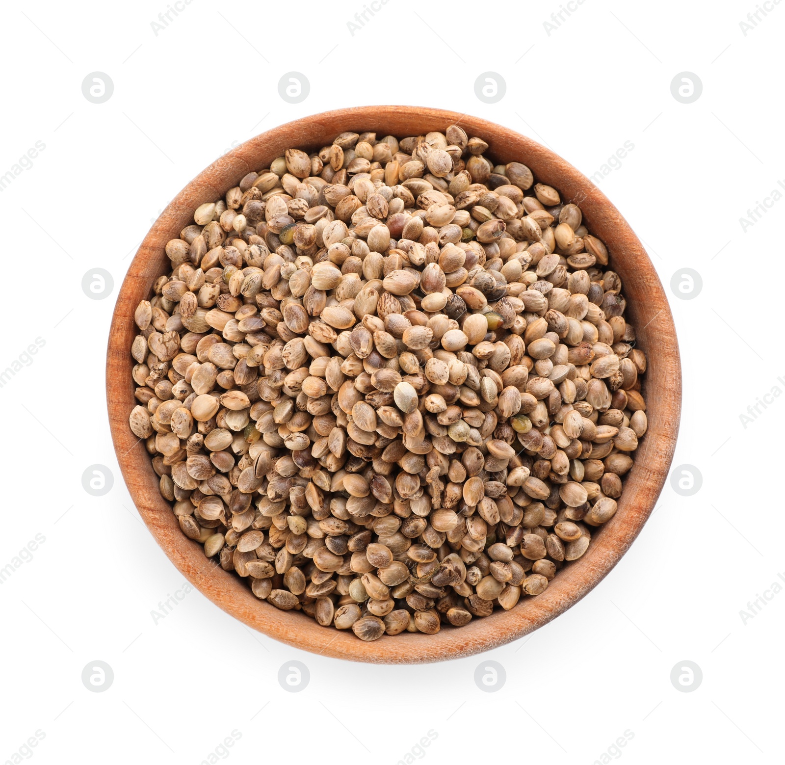 Photo of Wooden bowl of hemp seeds on white background, top view