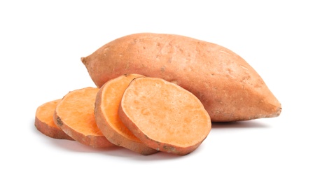 Photo of Fresh ripe sweet potatoes on white background