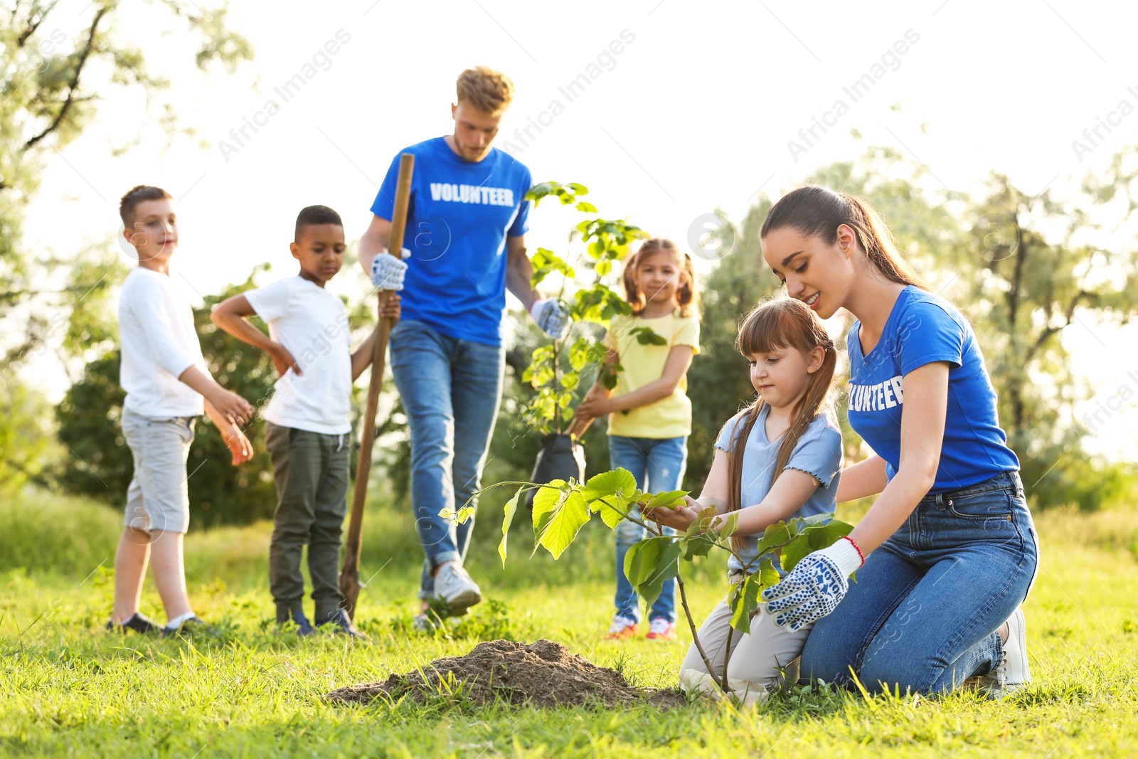 Photo of Kids planting trees with volunteers in park