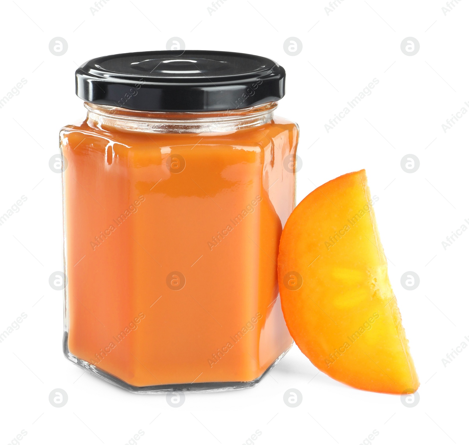 Photo of Delicious persimmon jam and fresh fruit isolated on white