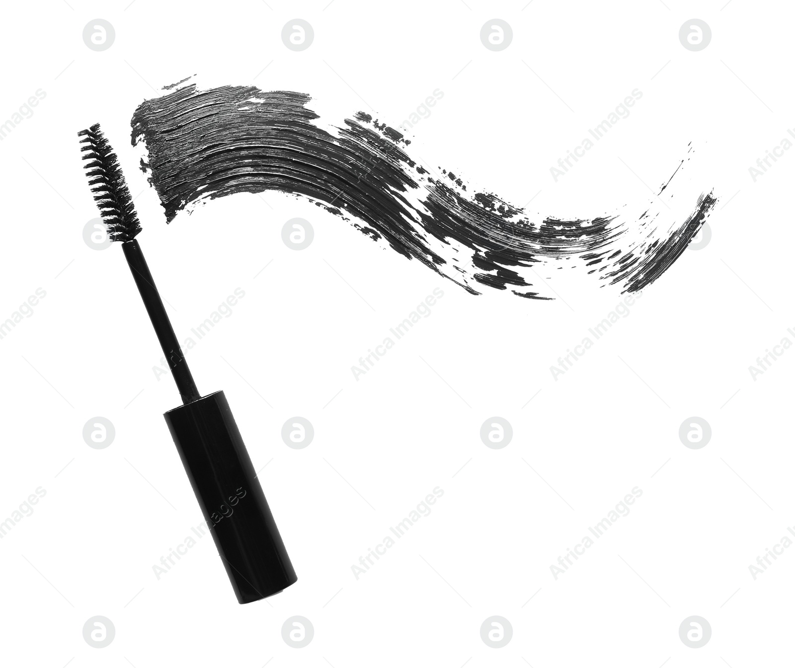 Photo of Smear of mascara and applicator isolated on white, top view