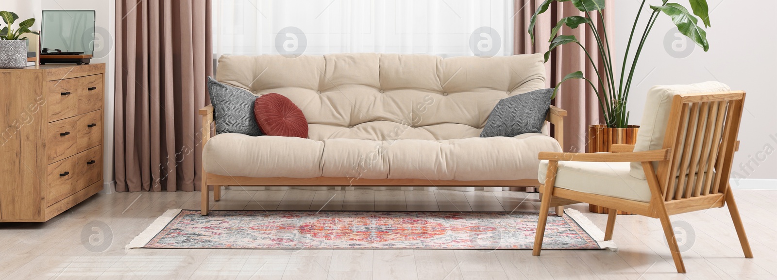 Image of Living room interior with beautiful carpet and furniture. Banner design