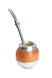 Photo of Calabash with mate tea and bombilla on white background