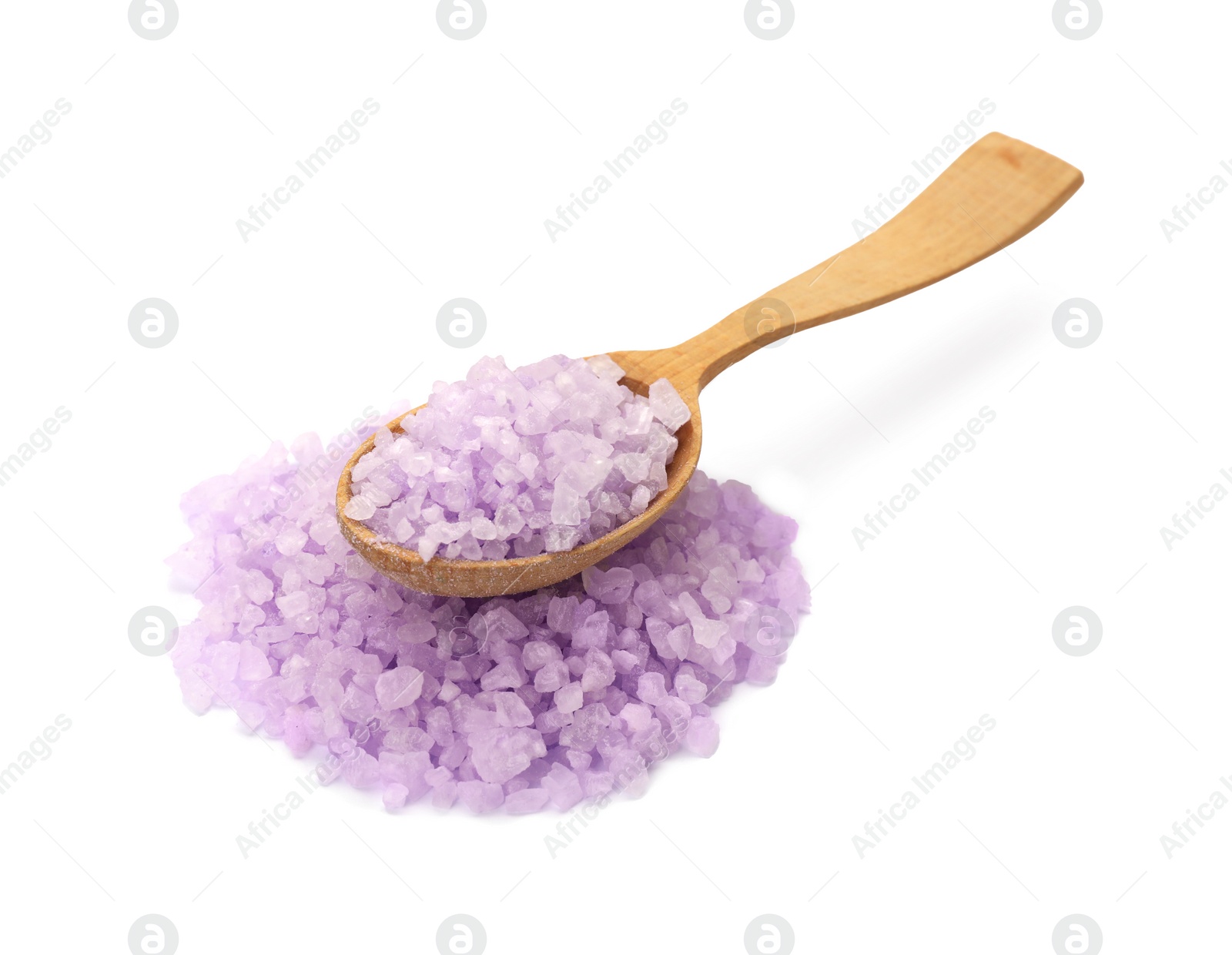 Photo of Violet sea salt and spoon isolated on white