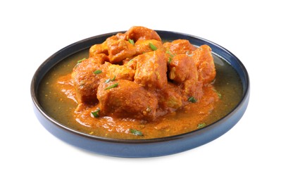 Photo of Plate of delicious chicken curry on white background