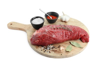 Photo of Piece of raw beef meat and spices isolated on white,