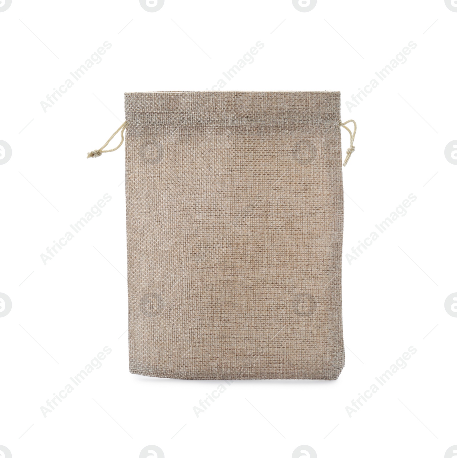 Photo of One open burlap bag isolated on white