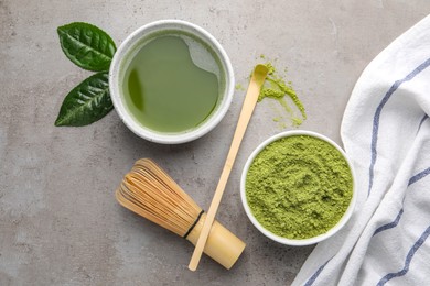 Photo of Flat lay composition with green matcha powder and fresh beverage on light grey table