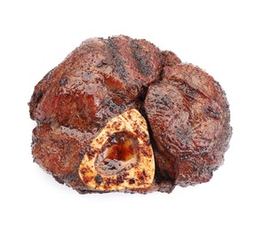 Piece of delicious roasted beef meat isolated on white, top view