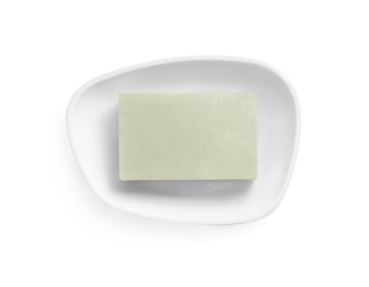 Photo of Holder with soap bar on white background, top view