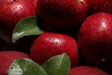 Photo of Fresh red apples with leaves and water drops as background, closeup