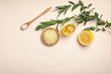 Photo of Fresh ingredients for homemade effective acne remedies on light background, flat lay