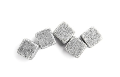 Photo of Whiskey stones on white background, top view