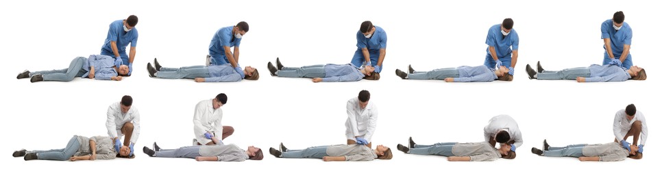 Image of Doctor performing first aid on unconscious woman against white background, collage. Banner design