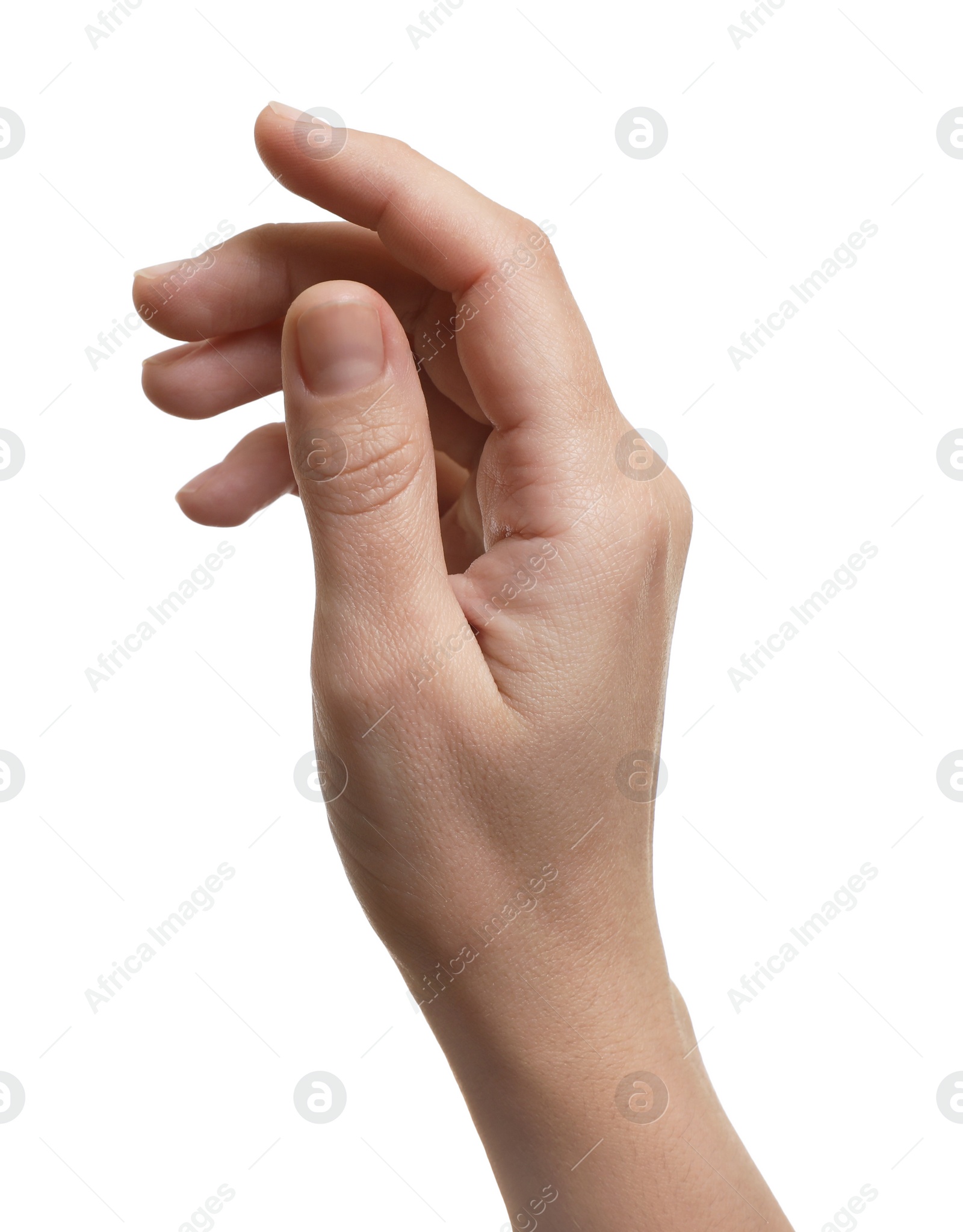 Photo of Woman showing hand on white background, closeup